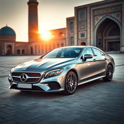 A luxurious Mercedes Benz CLS car parked in the ancient city of Samarkand