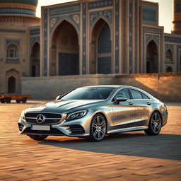 A luxurious Mercedes Benz CLS car parked in the ancient city of Samarkand