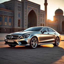 A luxurious Mercedes Benz CLS car parked in the ancient city of Samarkand