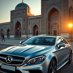 A luxurious Mercedes Benz CLS car parked in the ancient city of Samarkand