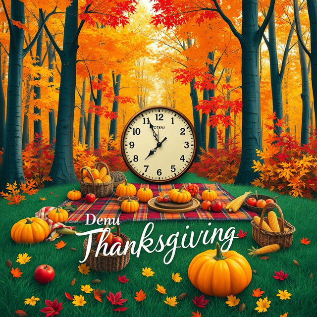 An imaginative and original poster for Thanksgiving Day, featuring a whimsical autumnal scene set in a lush, vibrant forest