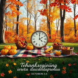 An imaginative and original poster for Thanksgiving Day, featuring a whimsical autumnal scene set in a lush, vibrant forest