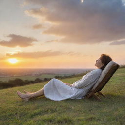 A comforting scene representing 'Feeling of Satisfaction'. A satisfied individual reclining peacefully on a grassy knoll overlooking a breathtaking sunset. Their relaxed posture conveys a sense of contentment and peace.