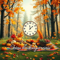 An imaginative and original poster for Thanksgiving Day, featuring a whimsical autumnal scene set in a lush, vibrant forest