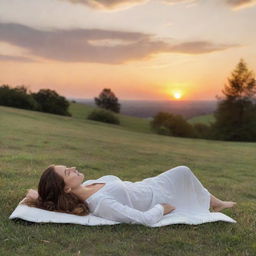 A comforting scene representing 'Feeling of Satisfaction'. A satisfied individual reclining peacefully on a grassy knoll overlooking a breathtaking sunset. Their relaxed posture conveys a sense of contentment and peace.