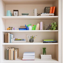 A meticulously organized room, with everything in its proper place. Clean surfaces, neatly arranged furniture, a desk with stationery items perfectly lined up, shelves with systematically sorted books, plants adding a fresh touch.