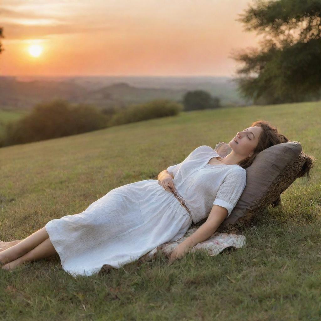 A comforting scene representing 'Feeling of Satisfaction'. A satisfied individual reclining peacefully on a grassy knoll overlooking a breathtaking sunset. Their relaxed posture conveys a sense of contentment and peace.