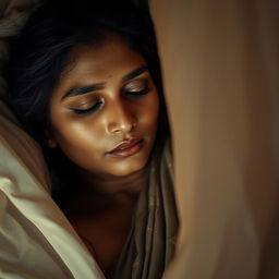 an Indian woman in a serene and private setting, capturing a moment of personal introspection and relaxation, with soft, ambient lighting highlighting her features