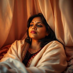 an Indian woman in a serene and private setting, capturing a moment of personal introspection and relaxation, with soft, ambient lighting highlighting her features