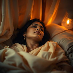 an Indian woman in a serene and private setting, capturing a moment of personal introspection and relaxation, with soft, ambient lighting highlighting her features