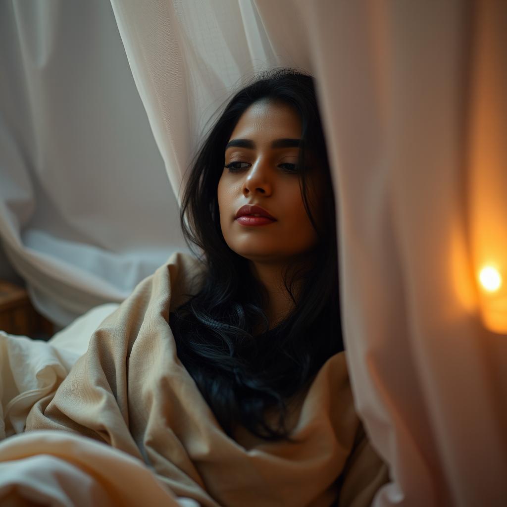 an Indian woman in a serene and private setting, capturing a moment of personal introspection and relaxation, with soft, ambient lighting highlighting her features