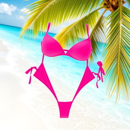 A vibrant pink bikini showcased on a beach setting with white sandy shores and clear blue waters in the background