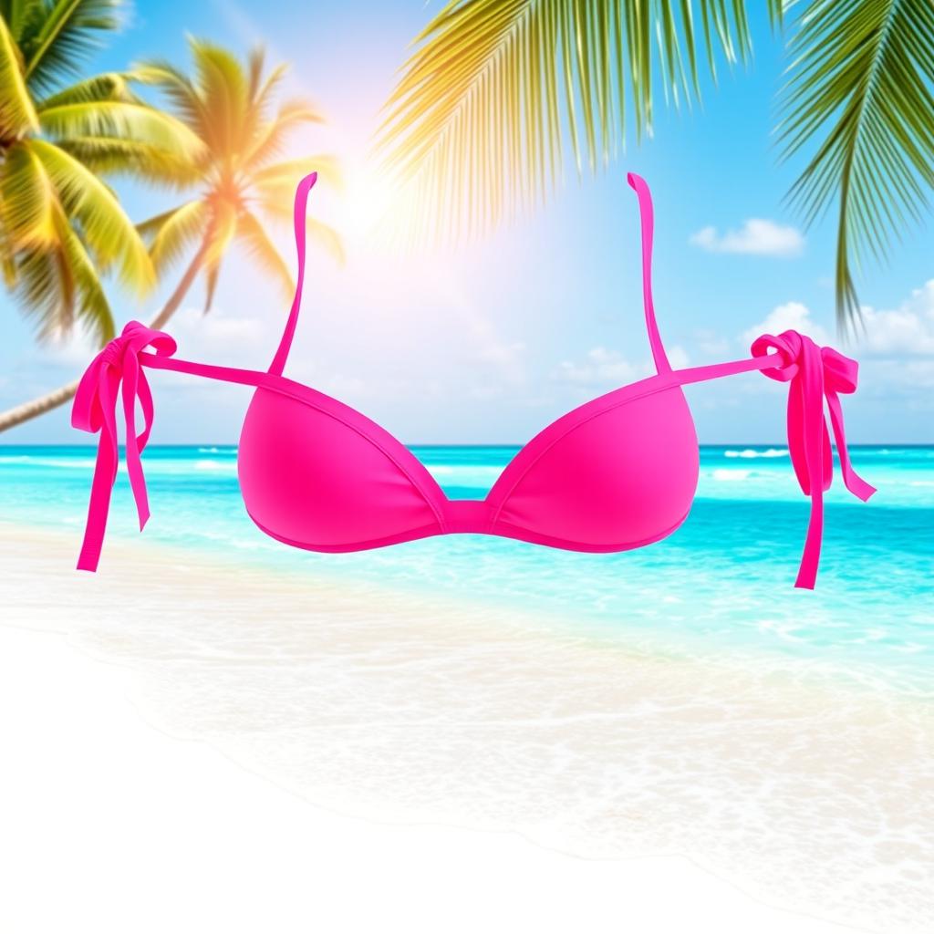 A vibrant pink bikini showcased on a beach setting with white sandy shores and clear blue waters in the background