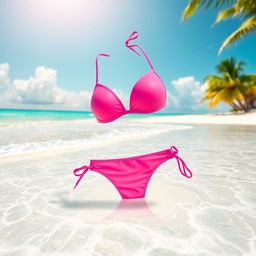 A vibrant pink bikini showcased on a beach setting with white sandy shores and clear blue waters in the background