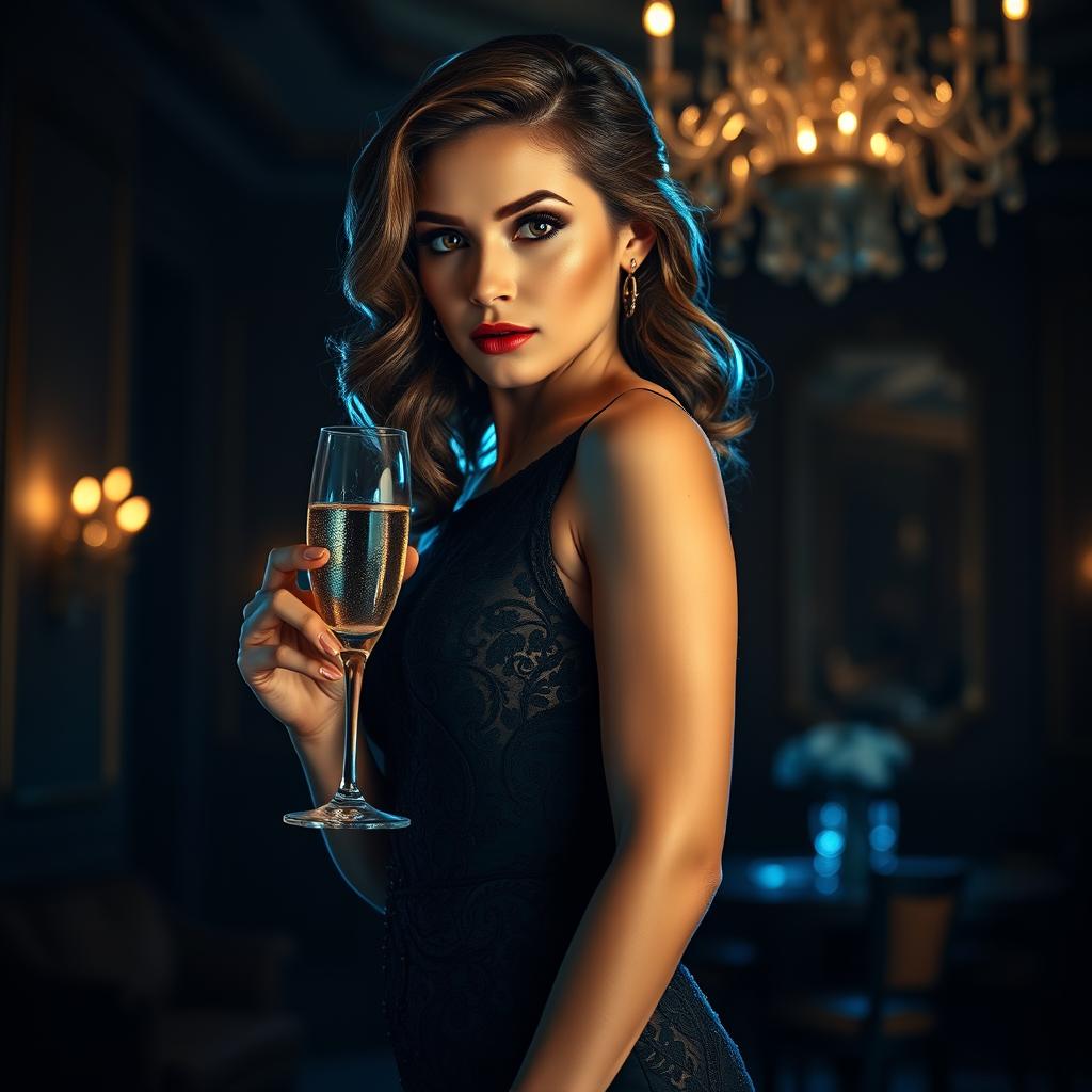 A beautiful, confident woman with an alluring gaze, standing in a luxurious, dimly lit room that exudes elegance and warmth