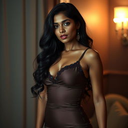 A beautiful Tamil woman wearing a tight, elegant nighty, exuding confidence and allure