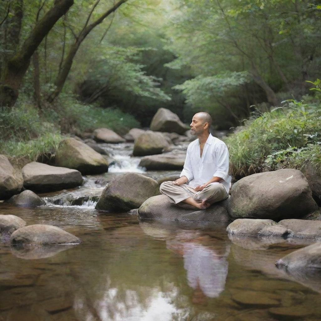 A soothing scene representing 'Peace of Mind'. Picture an individual meditating or reflecting quietly by a tranquil mountain stream, surrounded by the serenity of nature, embodying inner peace and tranquility.