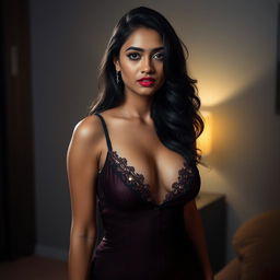 A beautiful Tamil woman wearing a tight, elegant nighty, exuding confidence and allure