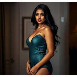 A beautiful Tamil woman wearing a tight, elegant nighty, exuding confidence and allure