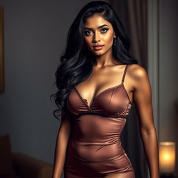 A beautiful Tamil woman wearing a tight, elegant nighty, exuding confidence and allure