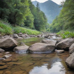 A soothing scene representing 'Peace of Mind'. Picture an individual meditating or reflecting quietly by a tranquil mountain stream, surrounded by the serenity of nature, embodying inner peace and tranquility.