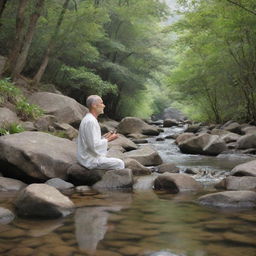 A soothing scene representing 'Peace of Mind'. Picture an individual meditating or reflecting quietly by a tranquil mountain stream, surrounded by the serenity of nature, embodying inner peace and tranquility.