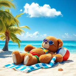 A cute teddy bear wearing a colorful bikini, relaxing on a sandy beach with clear blue water in the background