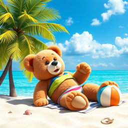 A cute teddy bear wearing a colorful bikini, relaxing on a sandy beach with clear blue water in the background