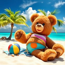 A cute teddy bear wearing a colorful bikini, relaxing on a sandy beach with clear blue water in the background