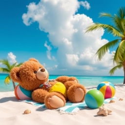 A cute teddy bear wearing a colorful bikini, relaxing on a sandy beach with clear blue water in the background