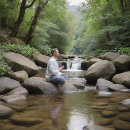 A soothing scene representing 'Peace of Mind'. Picture an individual meditating or reflecting quietly by a tranquil mountain stream, surrounded by the serenity of nature, embodying inner peace and tranquility.