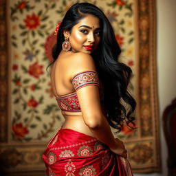 A beautiful Indian woman with a curvaceous figure, focusing on her prominent, voluptuous hips and graceful posture