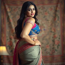 A beautiful Indian woman with a curvaceous figure, focusing on her prominent, voluptuous hips and graceful posture