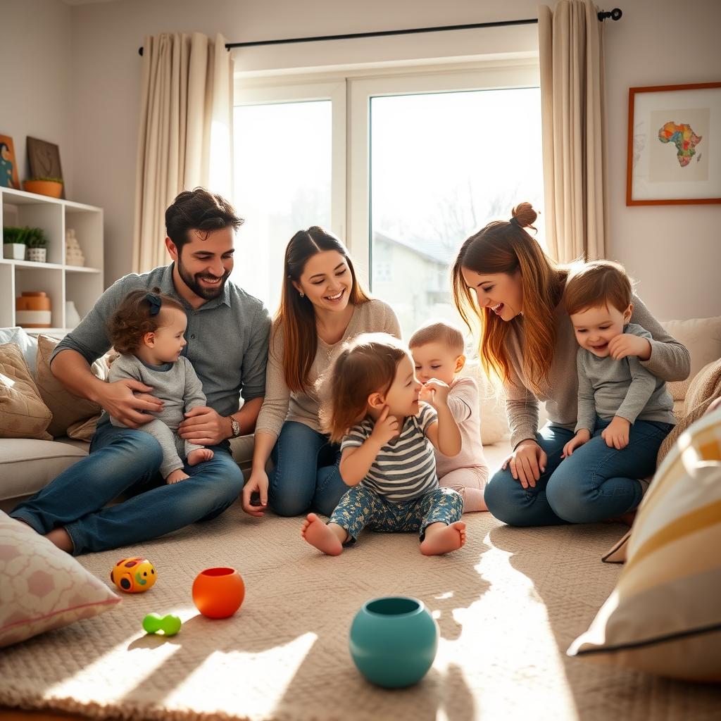 A joyful family scene in a sunlit living room, capturing parents and children engaging in playful activities