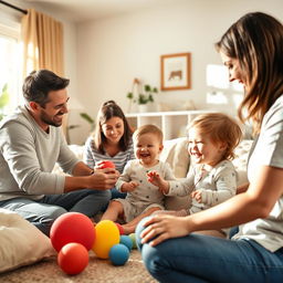 A joyful family scene in a sunlit living room, capturing parents and children engaging in playful activities