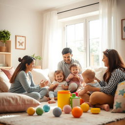 A joyful family scene in a sunlit living room, capturing parents and children engaging in playful activities