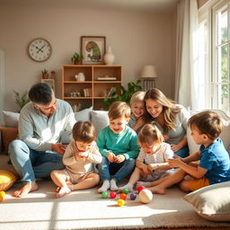 A joyful family scene in a sunlit living room, capturing parents and children engaging in playful activities