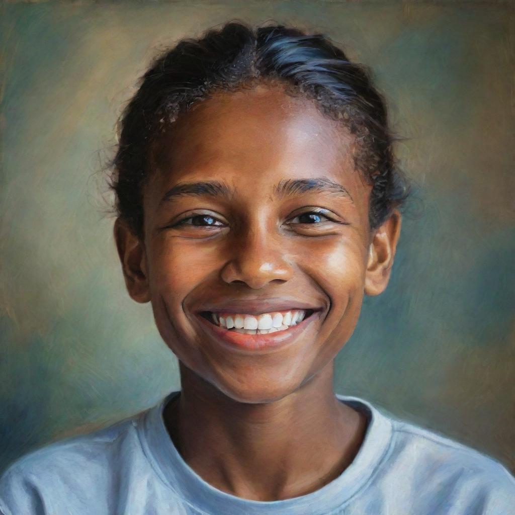 A portrait of a 'Good Human'. This individual should wear a comforting smile, kind eyes, and carry a demeanor of gentleness. Depict them in an act of kindness, embodying empathy and compassion.