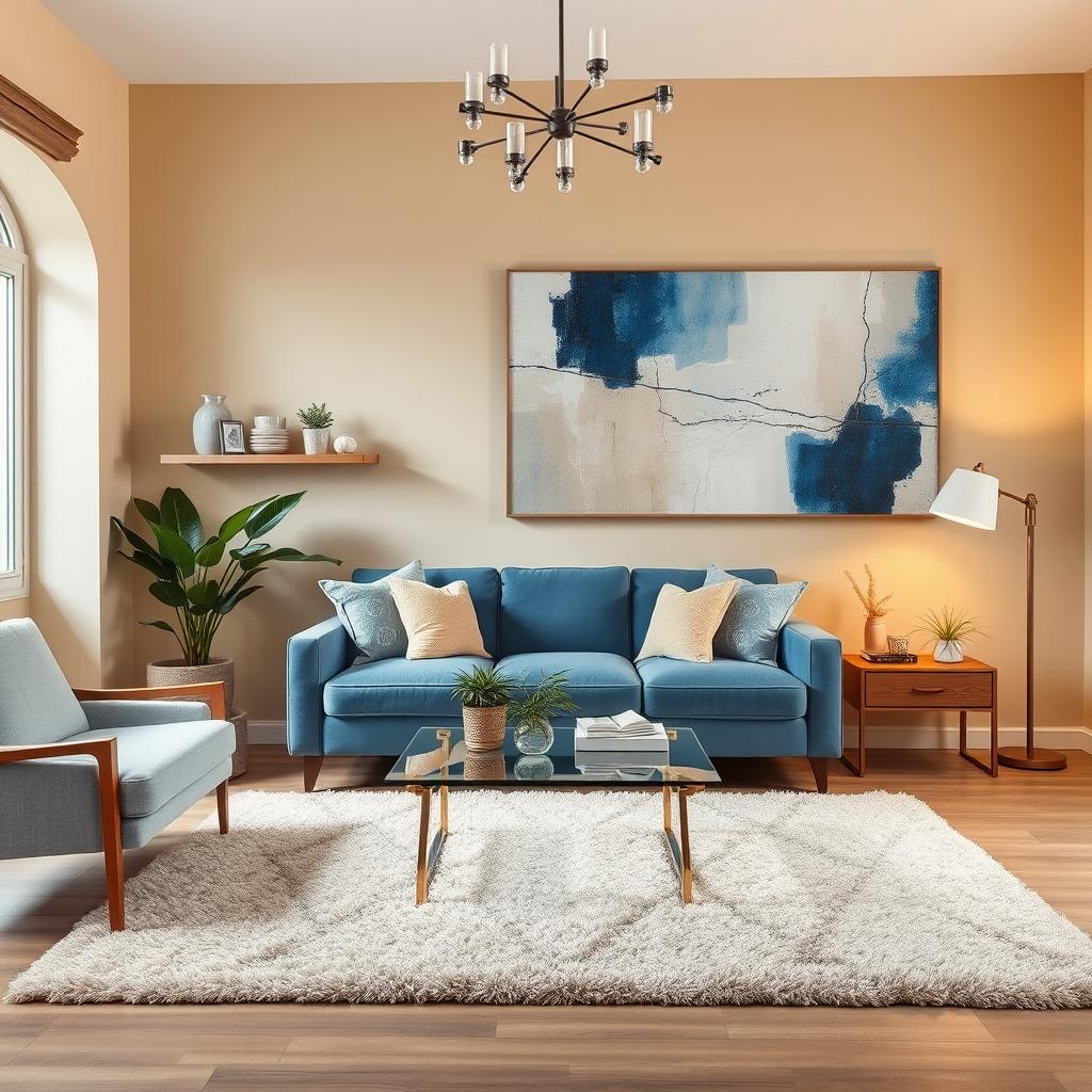 A stylish living room with sand-colored walls and a blue sofa as the focal points