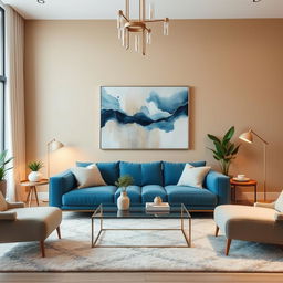 A stylish living room with sand-colored walls and a blue sofa as the focal points