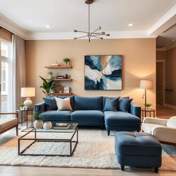 A stylish living room with sand-colored walls and a blue sofa as the focal points