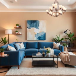 A stylish living room with sand-colored walls and a blue sofa as the focal points