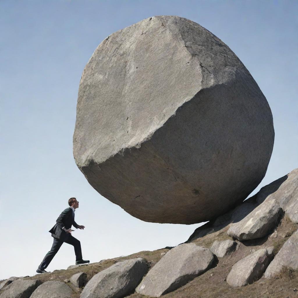 A symbolic depiction of 'Futile Effort'. Illustrate an individual persistently trying to push a boulder up a steep hill, only to have it roll back down, reflecting the persistence in the face of constant setbacks.