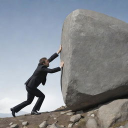 A symbolic depiction of 'Futile Effort'. Illustrate an individual persistently trying to push a boulder up a steep hill, only to have it roll back down, reflecting the persistence in the face of constant setbacks.