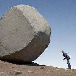 A symbolic depiction of 'Futile Effort'. Illustrate an individual persistently trying to push a boulder up a steep hill, only to have it roll back down, reflecting the persistence in the face of constant setbacks.