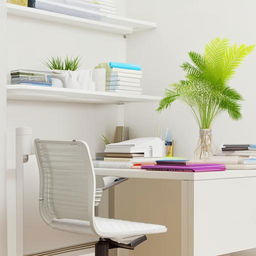 A meticulously organized room, with everything in its proper place. Clean surfaces, neatly arranged furniture, a desk with stationery items perfectly lined up, shelves with systematically sorted books, plants adding a fresh touch.