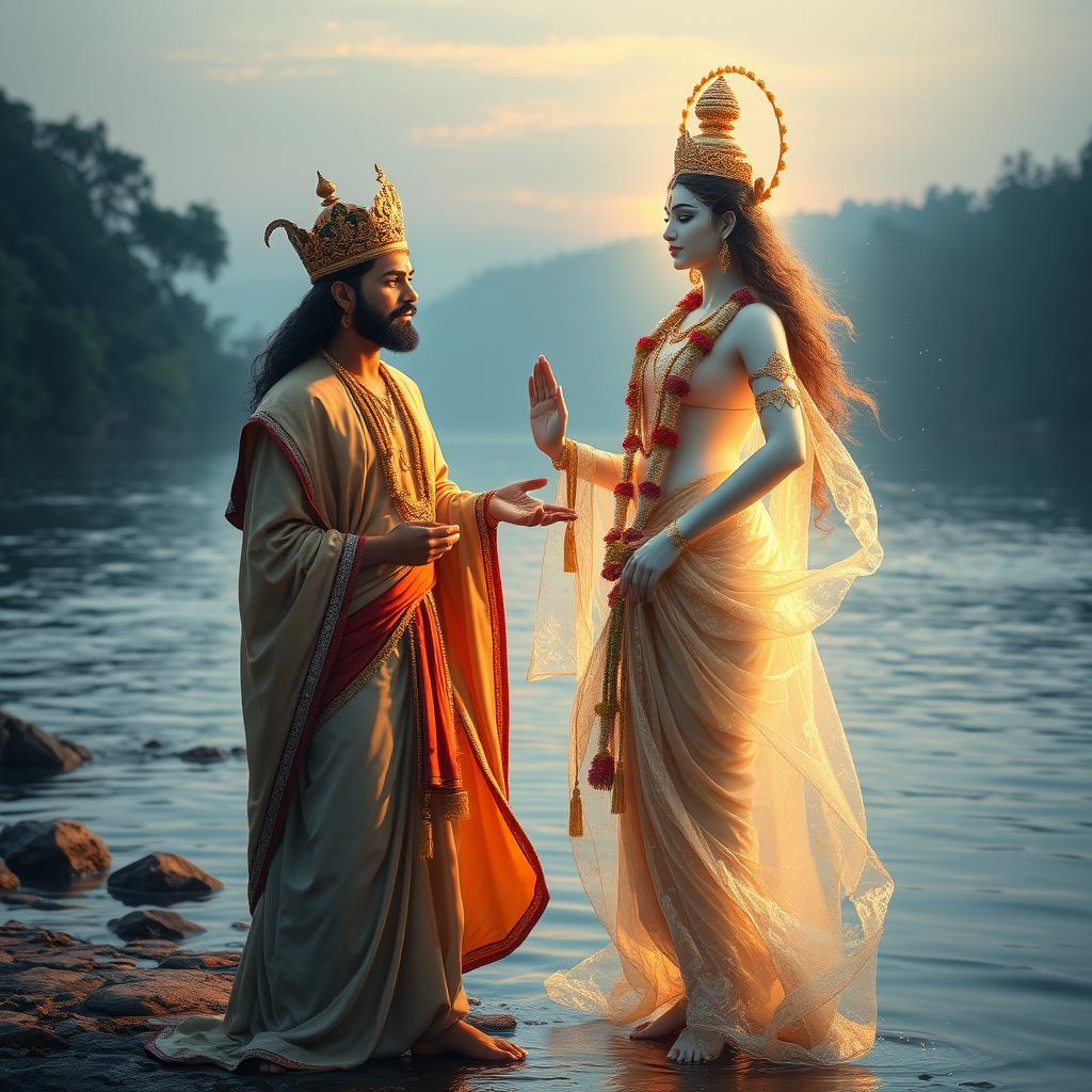 King Shantanu, adorned in royal attire with a golden crown and flowing robes, stands by the serene riverbank, captivated by the beauty of Goddess Ganga