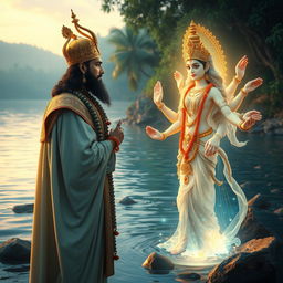 King Shantanu, adorned in royal attire with a golden crown and flowing robes, stands by the serene riverbank, captivated by the beauty of Goddess Ganga