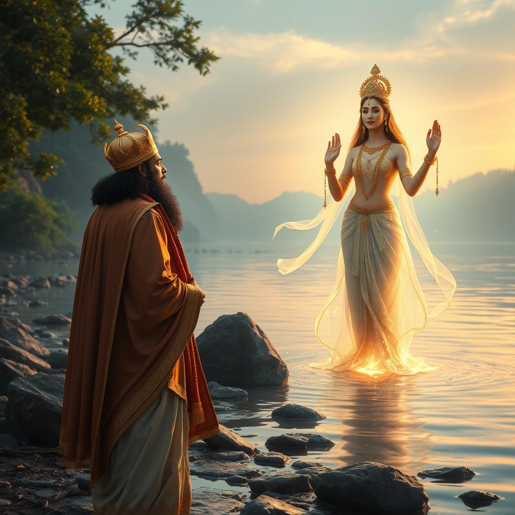 King Shantanu, adorned in royal attire with a golden crown and flowing robes, stands by the serene riverbank, captivated by the beauty of Goddess Ganga