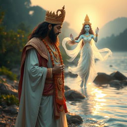 King Shantanu, adorned in royal attire with a golden crown and flowing robes, stands by the serene riverbank, captivated by the beauty of Goddess Ganga